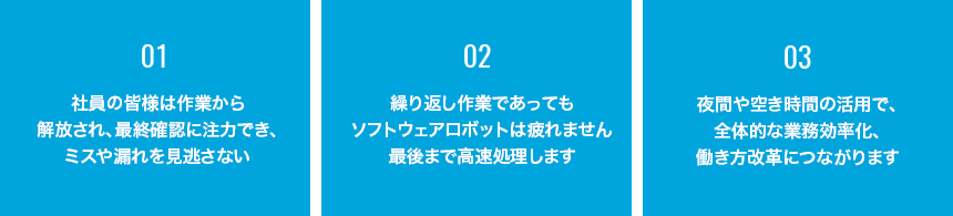 1.社員の皆様は作業から解放され、最終確認に注力でき、ミスや漏れを見逃さない 2.繰り返し作業であってもソフトウェアロボットは疲れません。最後まで高速処理します。 3.夜間や空き時間の活用で、全体的な業務効率化、働き方改革につながります