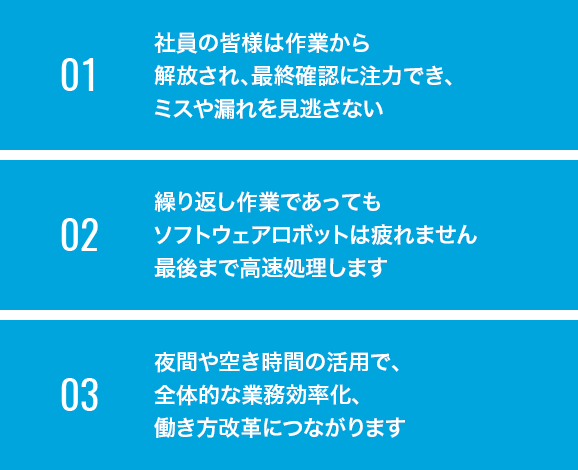 1.社員の皆様は作業から解放され、最終確認に注力でき、ミスや漏れを見逃さない 2.繰り返し作業であってもソフトウェアロボットは疲れません。最後まで高速処理します。 3.夜間や空き時間の活用で、全体的な業務効率化、働き方改革につながります